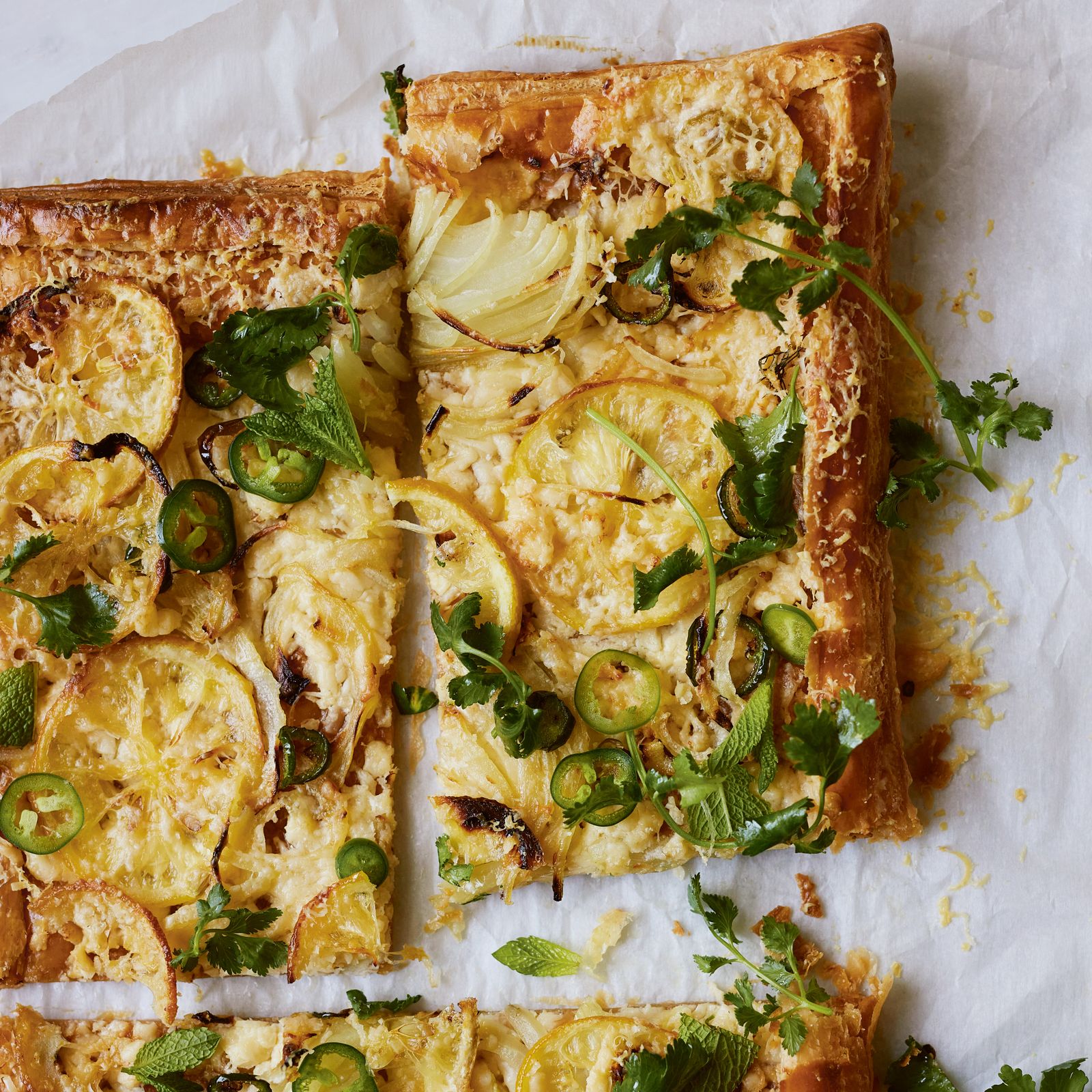 Anna Jones' lemon, green chilli and cheddar tart